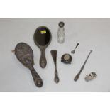 Box of silver and silver plate - silver hallmarked brush, silver hallmarked button hook,
