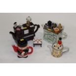 Four novelty teapots by Swineside Tea Pottery and Leyburn Tea Pottery