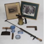 Box of Wedgwood, blow torch, vintage tools,