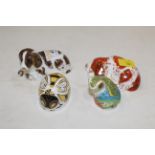 Four Royal Crown Derby ornaments, 2 dogs, frog and bumble bee,