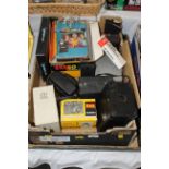 Box of vintage cameras, including boxed Diana camera,