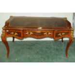 Kingwood desk with tooled leather top with Greek key decoration, gilt handles,