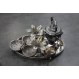 Plated ware - spirit kettle, 2 floral candle holders, nut dish,