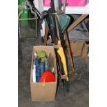 Box of umbrellas, flan dishes and bundle of projector screen,