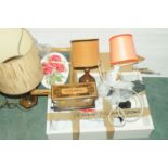 Arts & Crafts box with painted decoration, the top marked Notepaper, various lamps, lamp shades,