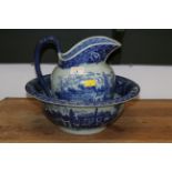 Blue and white Victorian ware ironstone jug & bowl