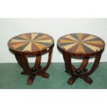 Pair of Art Deco style circular specimen wood occasional tables, width 59 cm,