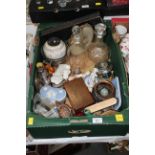 Box of glass decanters, continental figurines, plated ware,