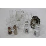 Box of miniature Barbola mirror, pair of floral handpainted lidded jars, glassware,
