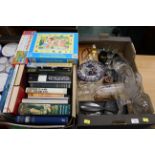 Two boxes of books, puzzles, glass tazza, ship in bottle,