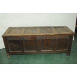 Oak four panel coffer dated 1696, height 61 cm, width 160 cm,