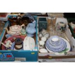 Two boxes of lustre ware, Rosenthal floral dish, blue and white tableware, glassware,