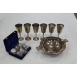 Six EPNS baby goblets, six larger plated goblets and commemorative Mappin & Webb plated quaich,