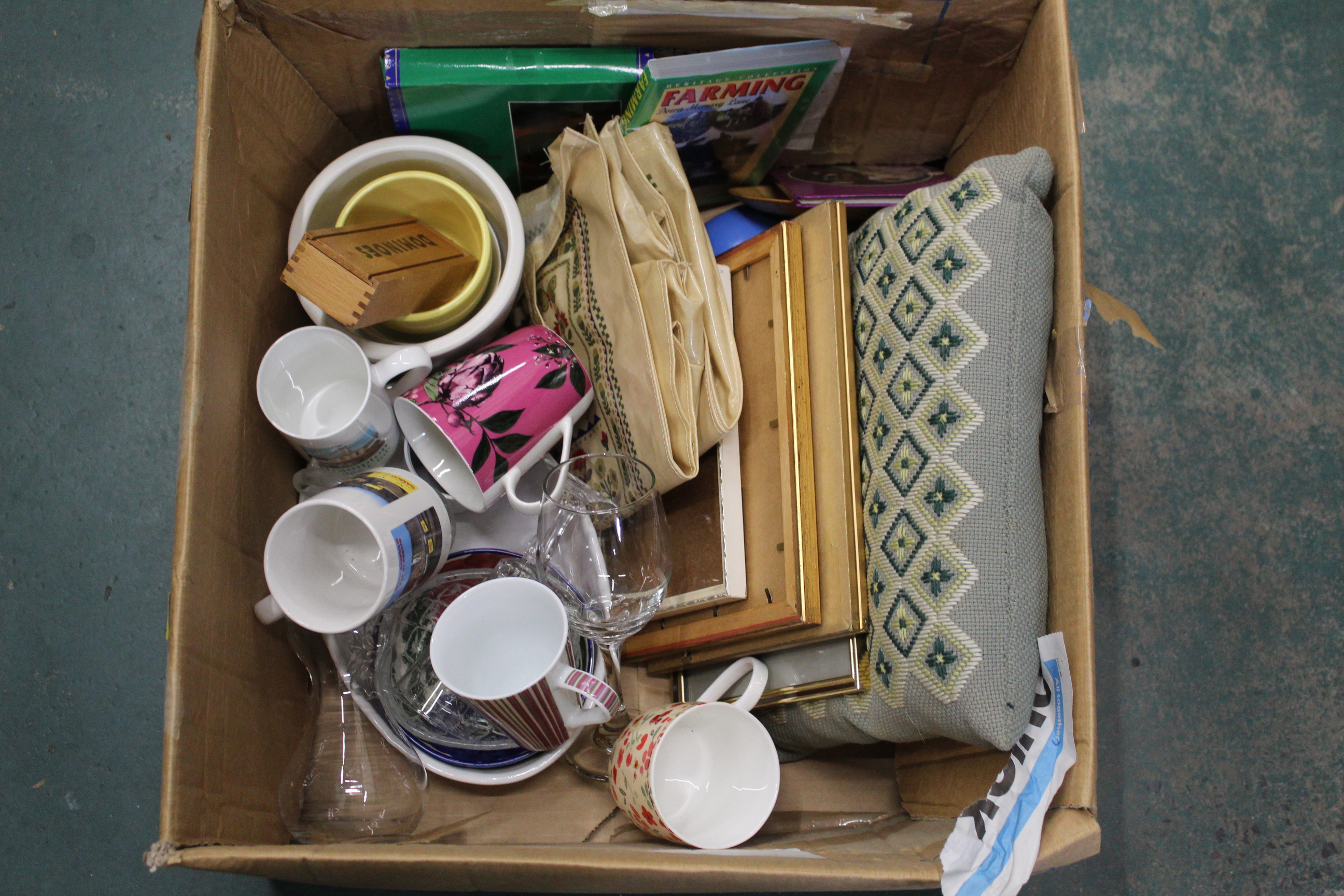 Box of mugs, photo frames, cushion,