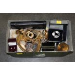 Box of mixed costume jewellery, Shivas ladies wristwatch, compact,