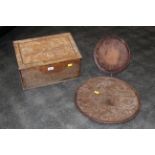 Early 20th century oak slope top box and 2 circular trays