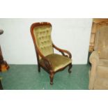 Victorian mahogany armchair with green velvet type upholstered back and seat