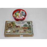 Tub of badges and vintage victory farmyard wooden jigsaw