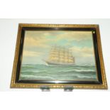 K Hudson, oil on canvas, 5 masted boat at sea, in a black & gilt frame,