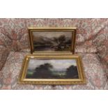 Gilt framed signed Highland Cow painting and another of houses in landscape