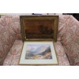 Large signed mountain landscape print and gilt framed pastoral study