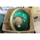 Brass ceiling light fitting with green glass shade,