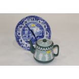 Wiltshaw & Robinson green glazed teapot and Spode blue and white wall clock
