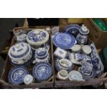 Two boxes of blue and white tableware, including Churchill, Broadhurst,