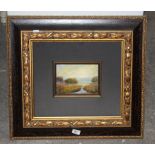 Early 20th century oil painting on board, River Landscape, 13 x 18 cm,indistinctly monogrammed,