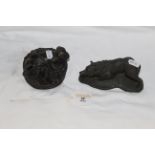 Two Heredities bronzed resin figures of dogs - Mother and pups in baskets and hound prowling,