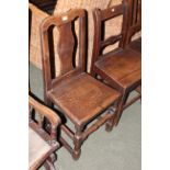 An early 18th century oak dining chair with splat wood seat on turned legs and three other