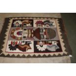 A modern South American flat weave or Kilim style rug decorated with stylised figures and creatures,