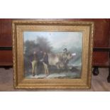 A reproduction coloured cattle print within a moulded giltwood and gesso frame, 40 cm x 33.5 cm.