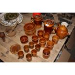 A Hoganas Swedish brown glazed stoneware part tea/coffee service comprising teapot,