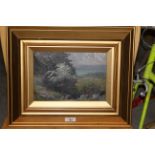 An Edwardian oil painting, lake view, canvas 18 cm x 26 cm, in gilt moulded frame.