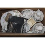 A box of mixed china including 3 boxed Wedgwood rose pattern trinket dishes (2 circular and 1 oval).