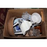 Two boxes of miscellaneous china and glassware including continental sponge ware plates,