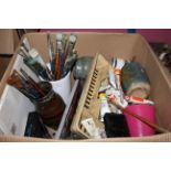 A quantity of artist's brushes and paints together with water jars and other items (One box).