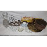 A box of miscellaneous glassware, small riddle or sieve,