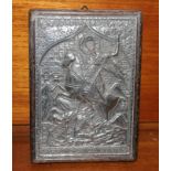 A 20th century Russian stained wood icon, depicting Mounted Crusader with white metal oklad,