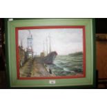 Aragats (Estonian), oil painting, "Fishing Vessel at Harbour", canvas 30 x 40 cm, signed,