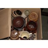 A 20th century brown glazed stoneware lidded kitchen jar, stamped to base Amposfilmos Aveiro,