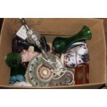 Two boxes of miscellaneous glass and china including a Capodimonte pig figure,