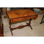 A small reproduction walnut sofa table with a banded quarter veneered top and shaped leaves,