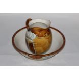 A Minton secessionist pottery wash jug and basin, decorated in tan,