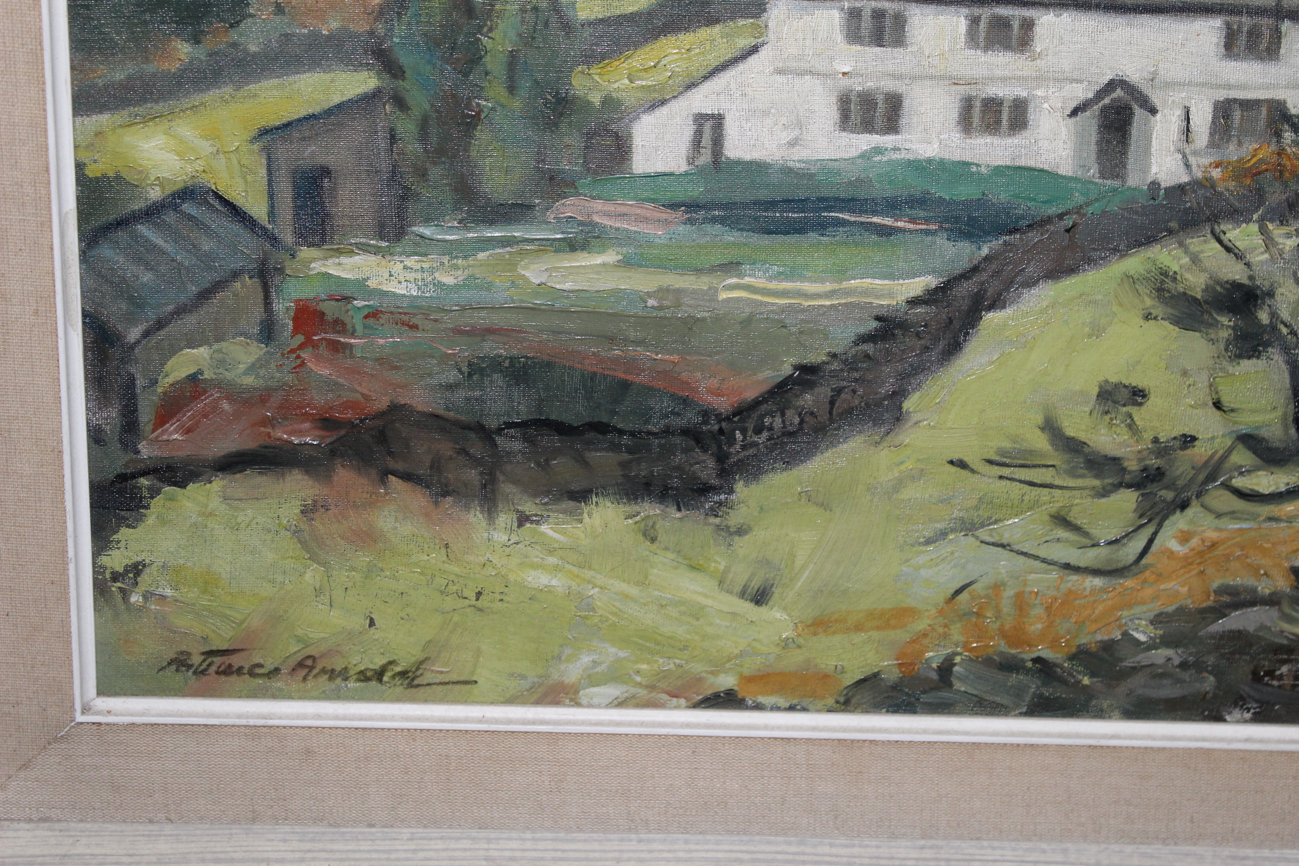 A Patience Arnold oil on canvas laid on board, rural cottage scene, - Image 2 of 3