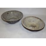 Two antique slip glaze terracotta egg or dairy bowls, 37 cm & 39 cm.