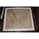 A Robert Morden hand tinted map of Westmorland within a card mount and Hogarth style frame,