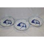 A group of six decorative modern Chinese plates decorated in blue in white with Koi marked made in