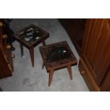 Two planished copper square occasional tables, one decorated with swans under glass top,